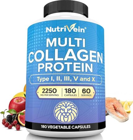 Nutrivein Premium Multi Collagen 2250 mg - 180 Women and Men -Aging,Joints,Hair,Skin,Bones,Nails
