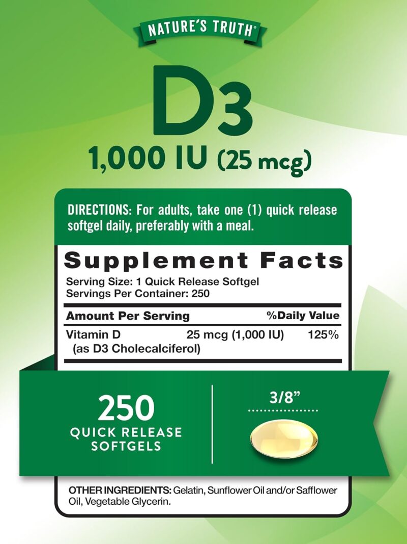 Nature's Truth, High Potency Vitamin D3, 25 mcg (1000 IU), 250 Quick Softgels - Görsel 4
