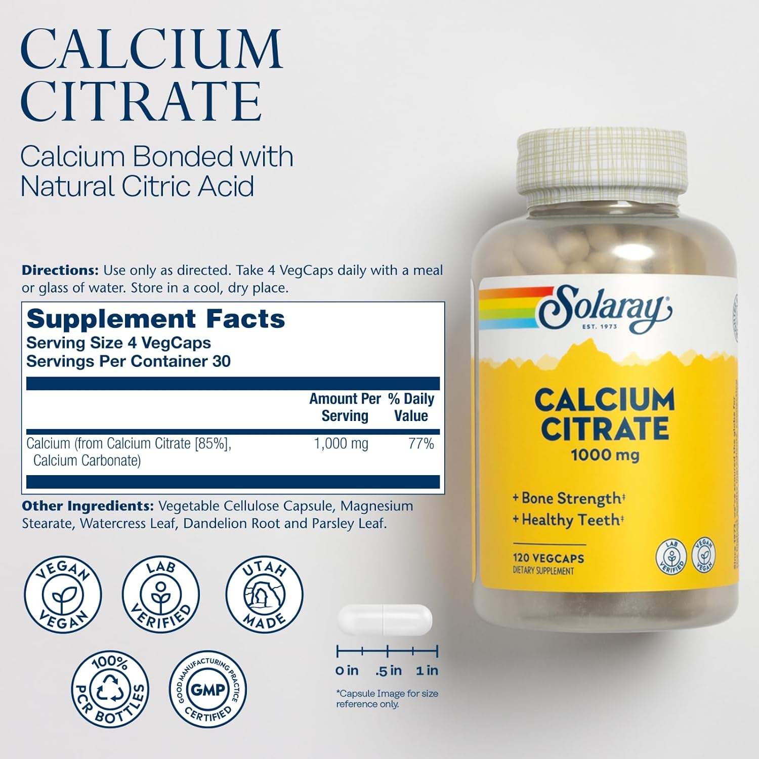 Solaray Calcium Citrate 1000mg – Chelated Calcium Supplement – Vegan – 30 Servings, 120 VegCaps