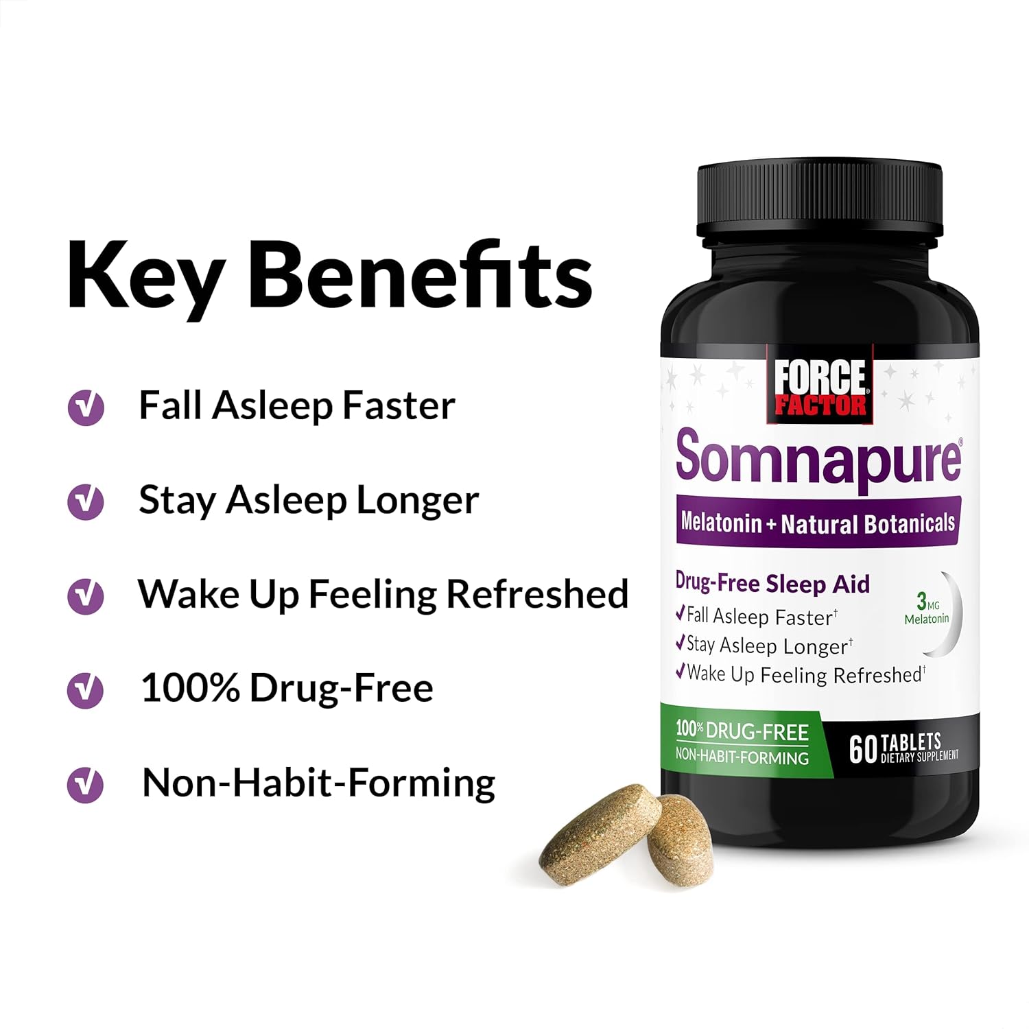 Force Factor Somnapure Drug-Free Sleep Aid Sleeplessness with Melatonin & Valerian & Theanine Fall Asleep 60 Tablet - Görsel 4