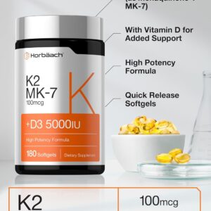 Horbäach Vitamin D3 K2 5000 iu 100mcg MK-7 Complex 180 Softgel