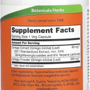 NOW Foods Ginkgo Biloba Supports Brain Health 60 mg 120 Veg Caps