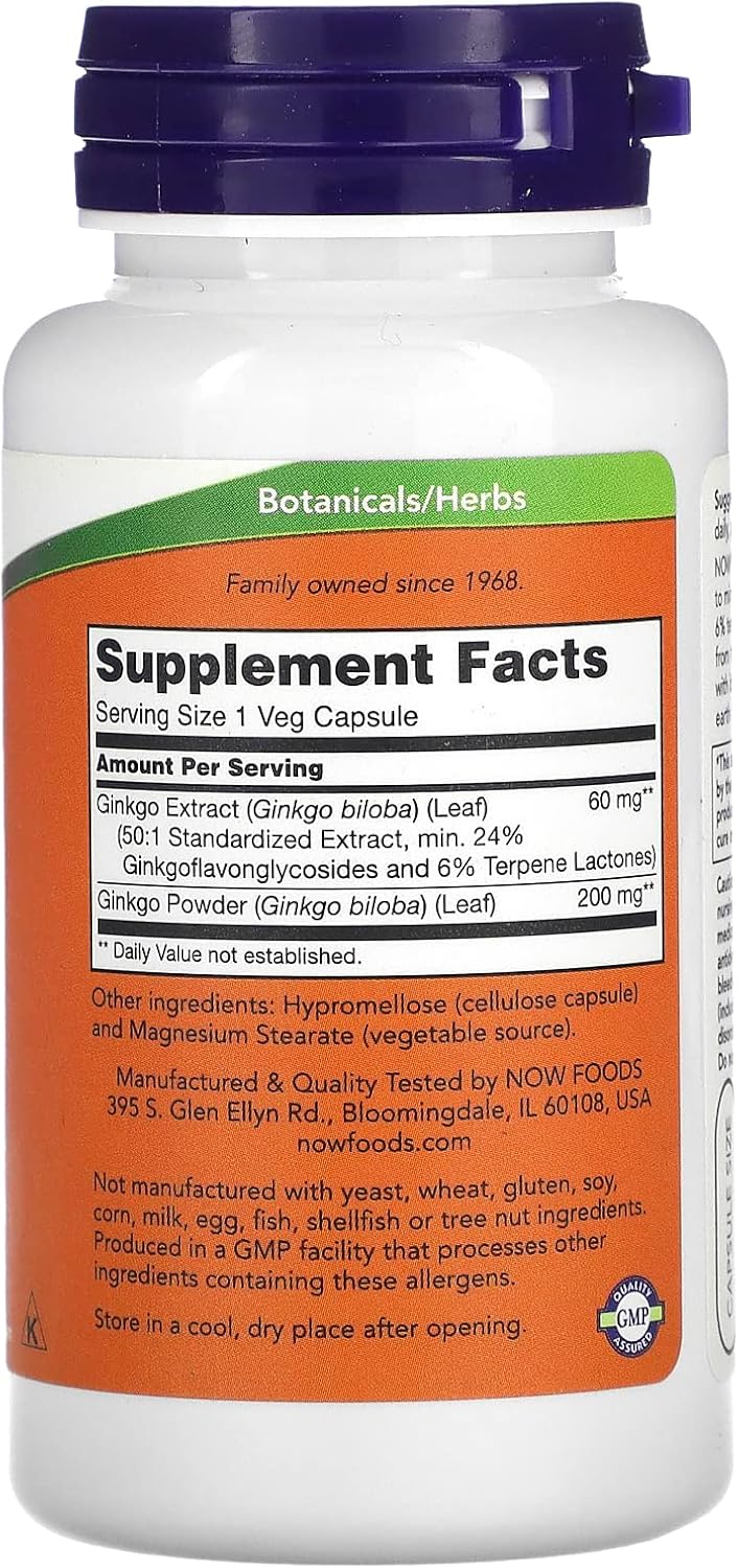 NOW Foods Ginkgo Biloba Supports Brain Health 60 mg 120 Veg Caps - Görsel 2