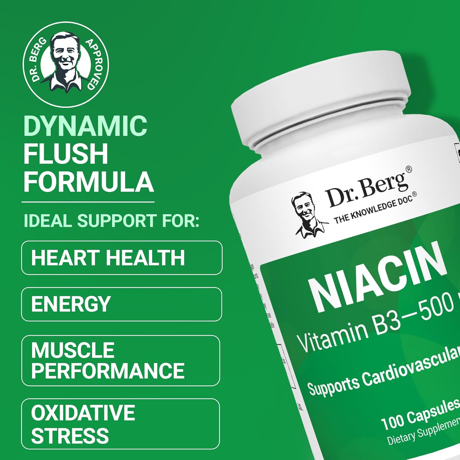 Dr. Berg Highly-Potent Niacin Flush Tolerance 500 mg Vitamin B3 for Heart Brain & Energy Support – 100 Caps - Görsel 3