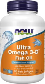 NOW Ultra Omega 3-D™, Omega 3 Fish Oil 1200 mg EPA 600 DHA 300 + Vitamin D-3 90 Softgels