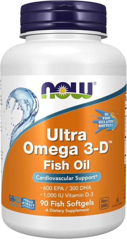NOW Ultra Omega 3-D™, Omega 3 Fish Oil 1200 mg EPA 600 DHA 300 + Vitamin D-3 90 Softgels