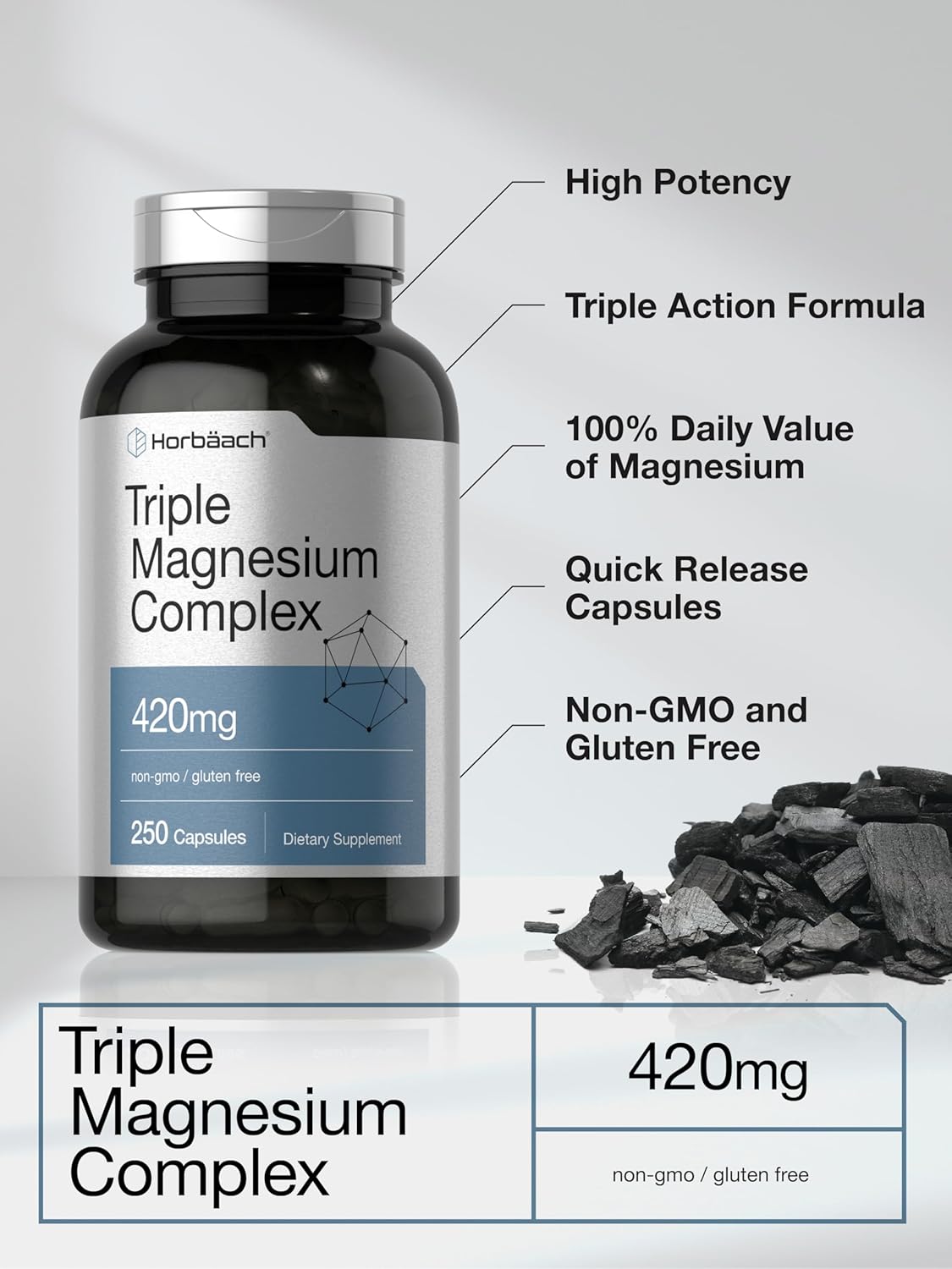 Horbäach Triple Magnesium Magnezyum Complex 420 mg 250 Caps Gluten Free Magnesium Oxide, Citrate - Görsel 2