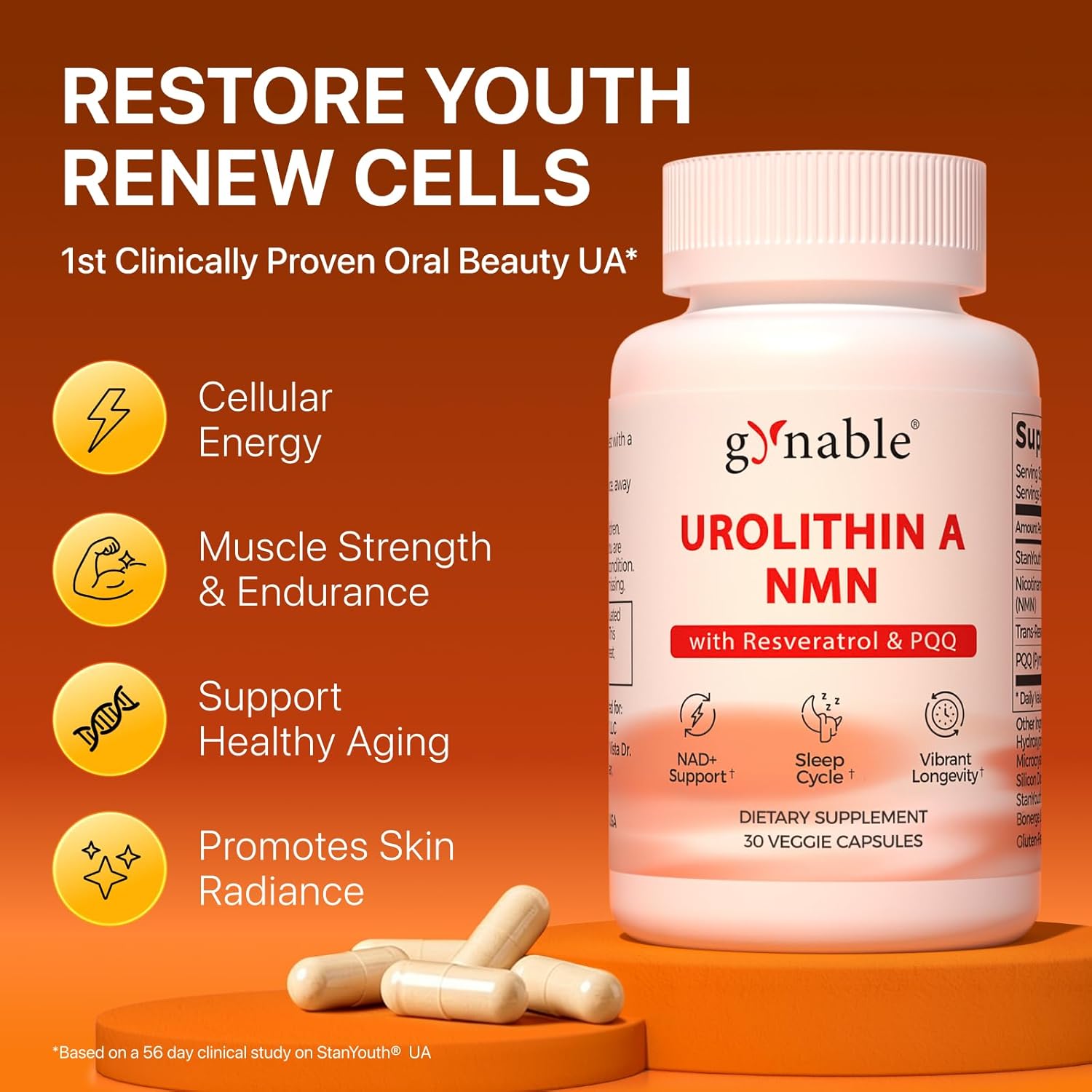 Gynable Patented Urolithin NMN Trans-Resveratrol & PQQ4-IN-1 Complex 30 Caps