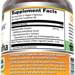 Amazing Formulas Ashwagandha Hint Ginseng Extract Supplement | 3000 Mg Per Serving | 120 Veggie Caps