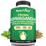Nutrivein Organic Ashwagandha Capsules 1600mg with Black Pepper Extract – 120 Vegan Pills – 100% Pure Root Powder Supplement – Supports Stress Relief, Immune, Energy, Stamina & Mood