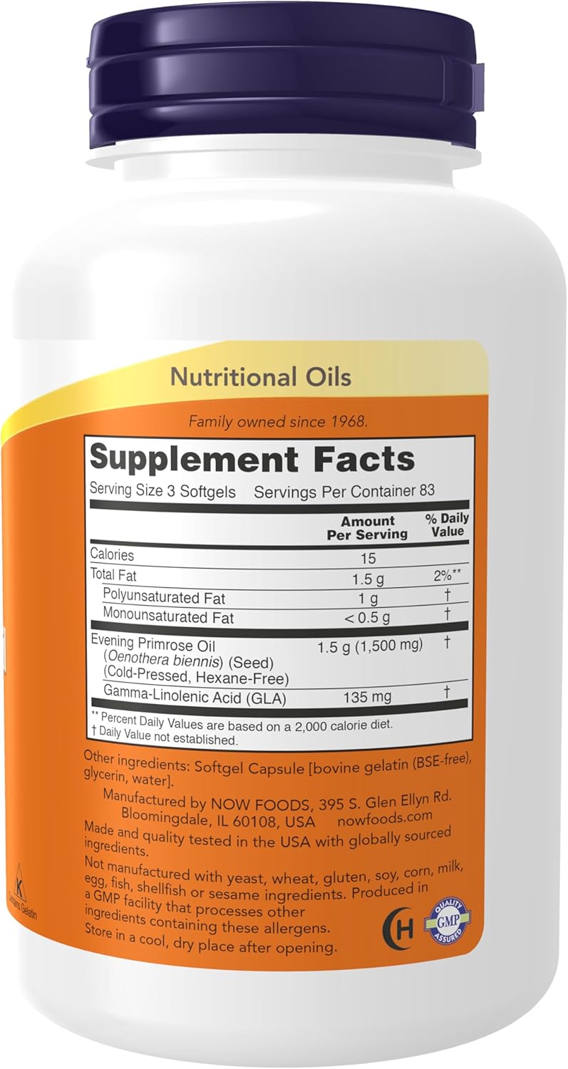 NOW Foods Evening Primrose Oil 500 mg with Healthy skin Naturally Occurring GLA (Gamma-Linolenic Acid), 250 - Görsel 2