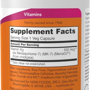NOW Foods MK-7 Vitamin K-2 100 mcg Cardiovascular Support Supports Bone Health 120 Veg