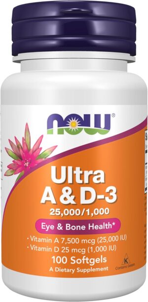 NOW Foods Vitamin Ultra A & D3 25,000/1,000 IU Eye Health Essential Nutrition 100 Softgels