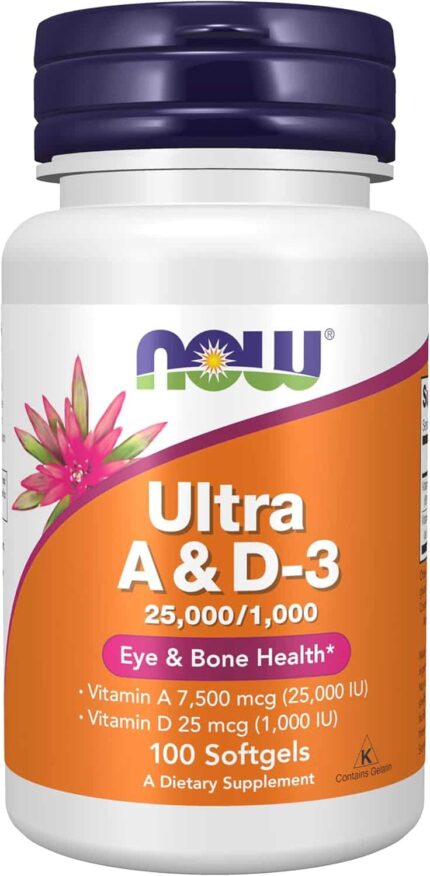 NOW Foods Vitamin Ultra A & D3 25,000/1,000 IU Eye Health Essential Nutrition 100 Softgels
