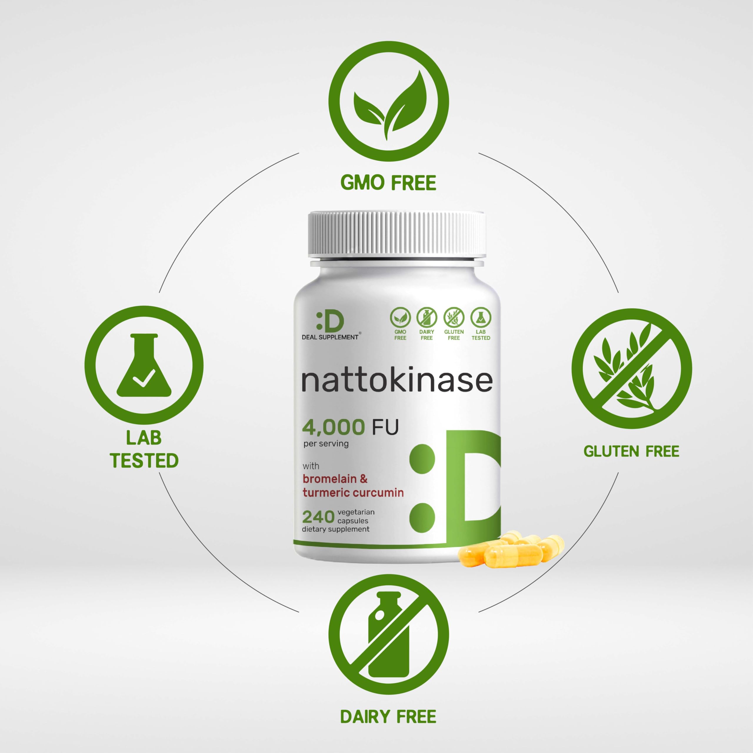 Deal Supplement Nattokinase Bromelain Turmeric 4,000 FU Per Serving, 240 Veggie Capsules