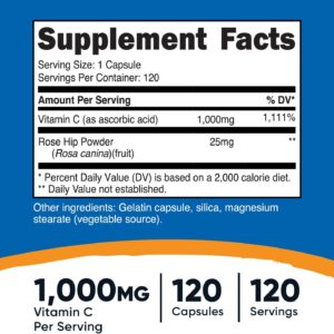 Nutricost Vitamin C with Rose HIPS 1025mg, 120 Capsules – Vitamin C 1000mg, Rose HIPS 25mg, Premium, Non-GMO, Gluten Free
