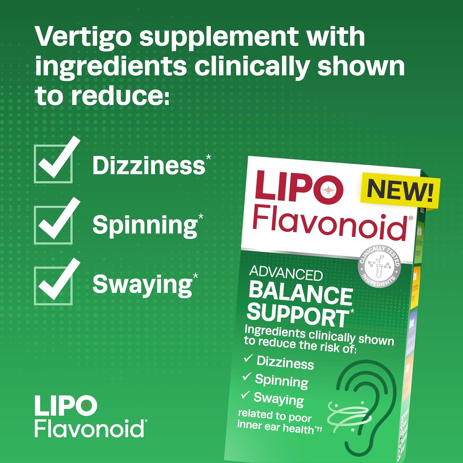 Lipo Flavonoid Balance Support Inner Ear Health Vertigo Relief with Ginkgo Biloba Bioflavonoids, & B Vitamins – Reduces Dizziness Spinning Swaying