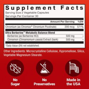 Force Factor Ultra Berberine 500mg Chromium & Cinnamon 60 Vegetable Capsules