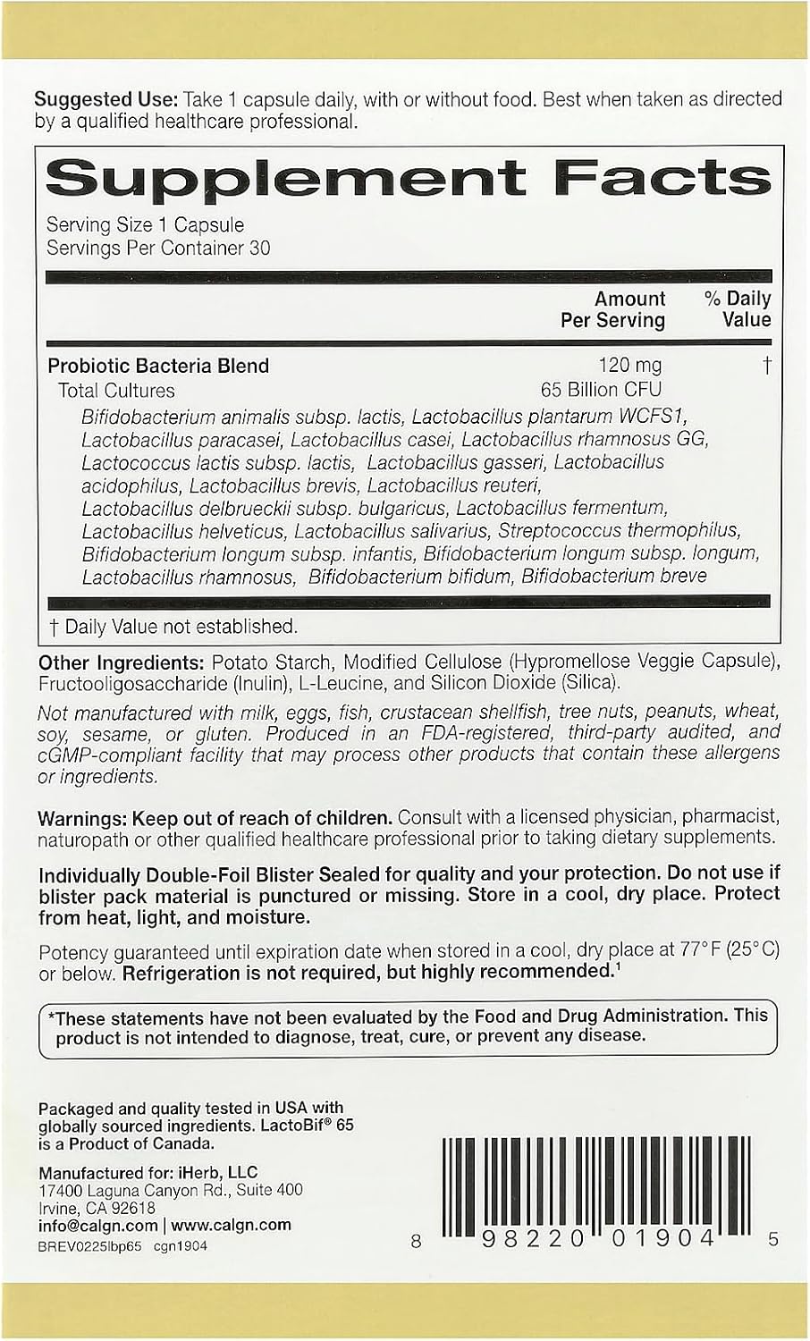 California Gold Nutrition LactoBif 65 Probiotics 30 Veggie Capsules - Görsel 3