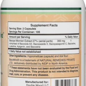 Double Wood BacoMind  210 Vegan Capsules, Promotes Learning and Memory, Reduces Anxiety