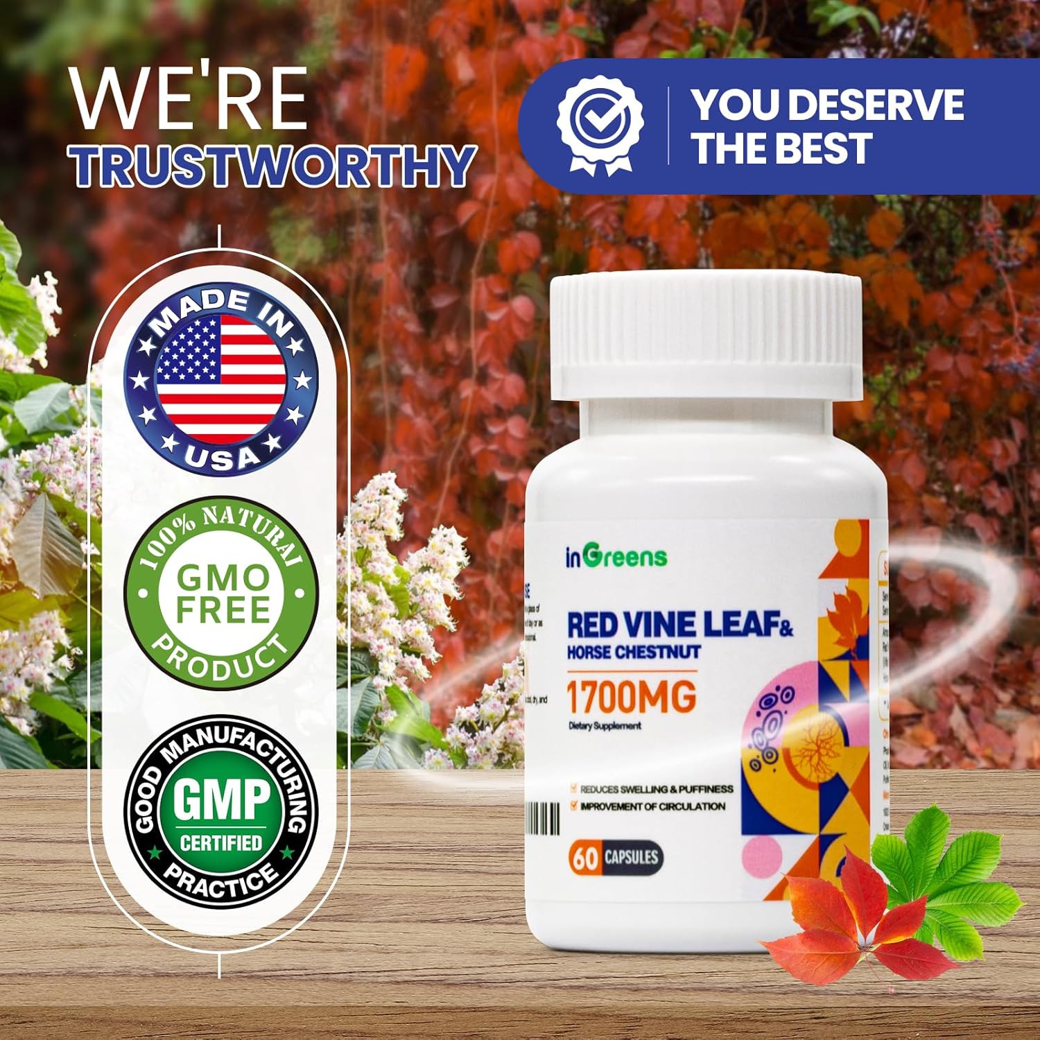 inGreens Red Vine Leaf Extract 1700mg & Horse Chestnut Extract Supports Vein Skin Health 60 Caps - Görsel 3