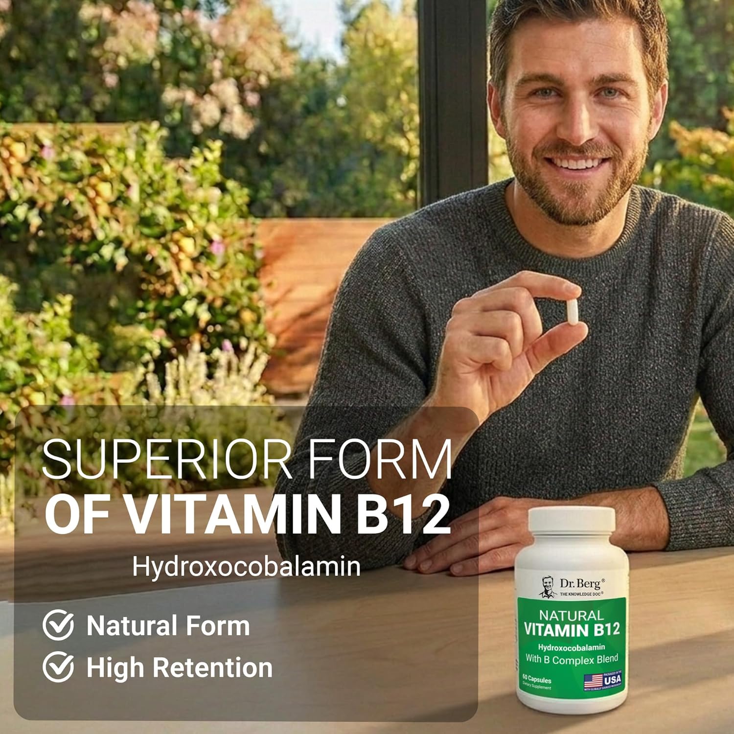 Dr. Berg Natural Vitamin B12 FOLATE 1000 mcg Hydroxocobalamin Energy Brain & Nervous System 60 Caps - Görsel 3