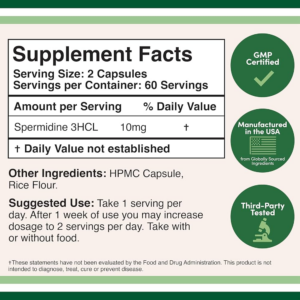 DOUBLE WOOD Spermidine 3HCL Over 100x More Potent Than Wheat Germ Extract for Cell Membrane, Telomere Health and Aging