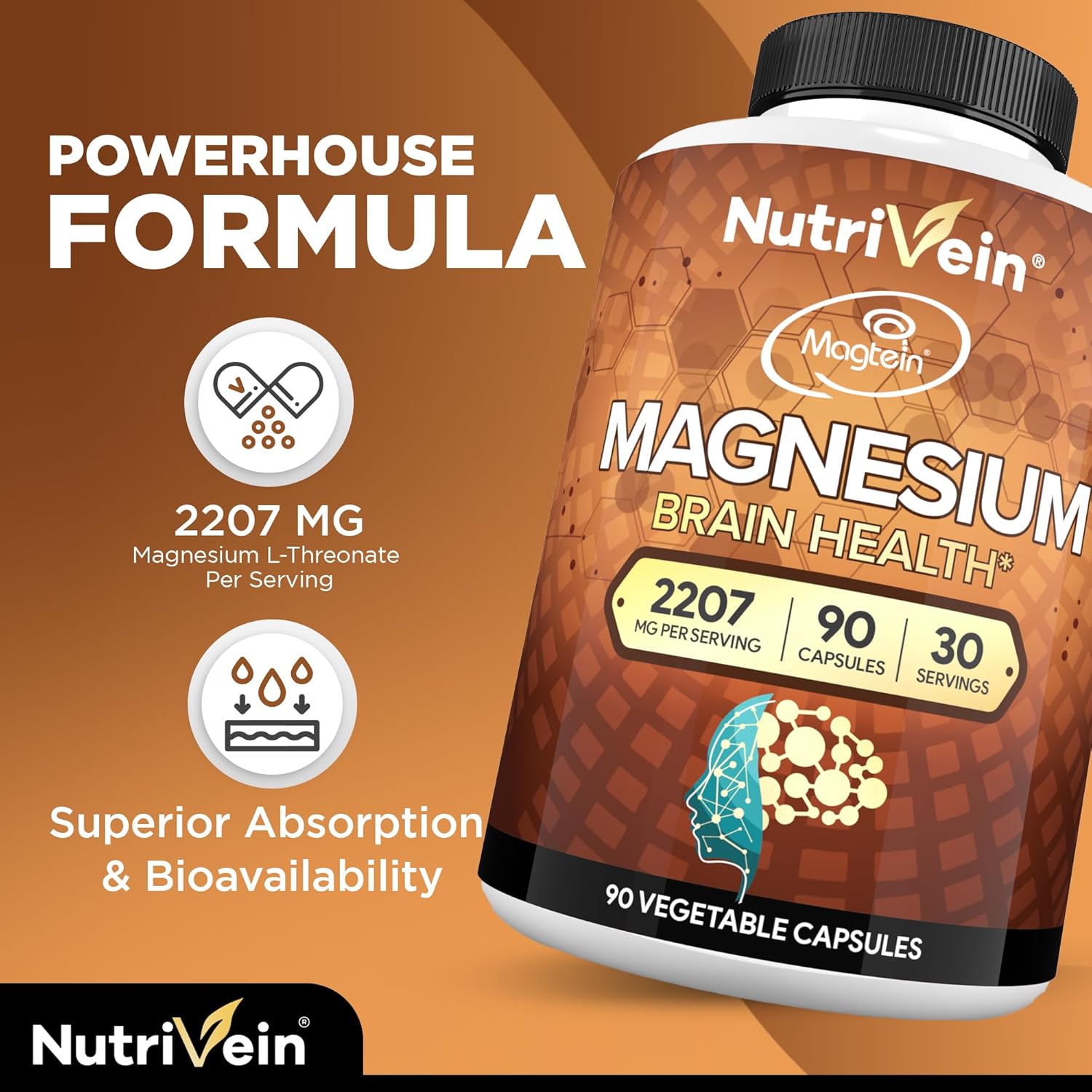 Nutrivein Magtein Magnesium L-Threonate Glycinate Taurate Brain Sleep Mood Recovery 2207 mg 90 Caps - Görsel 3