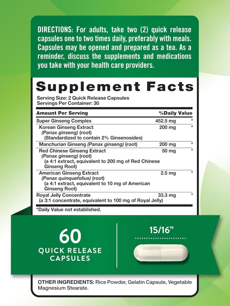 Nature's Truth Super Ginseng Complex (Korean Ginseng+American Ginseng) with Royal Jelly 60 Caps - Görsel 5
