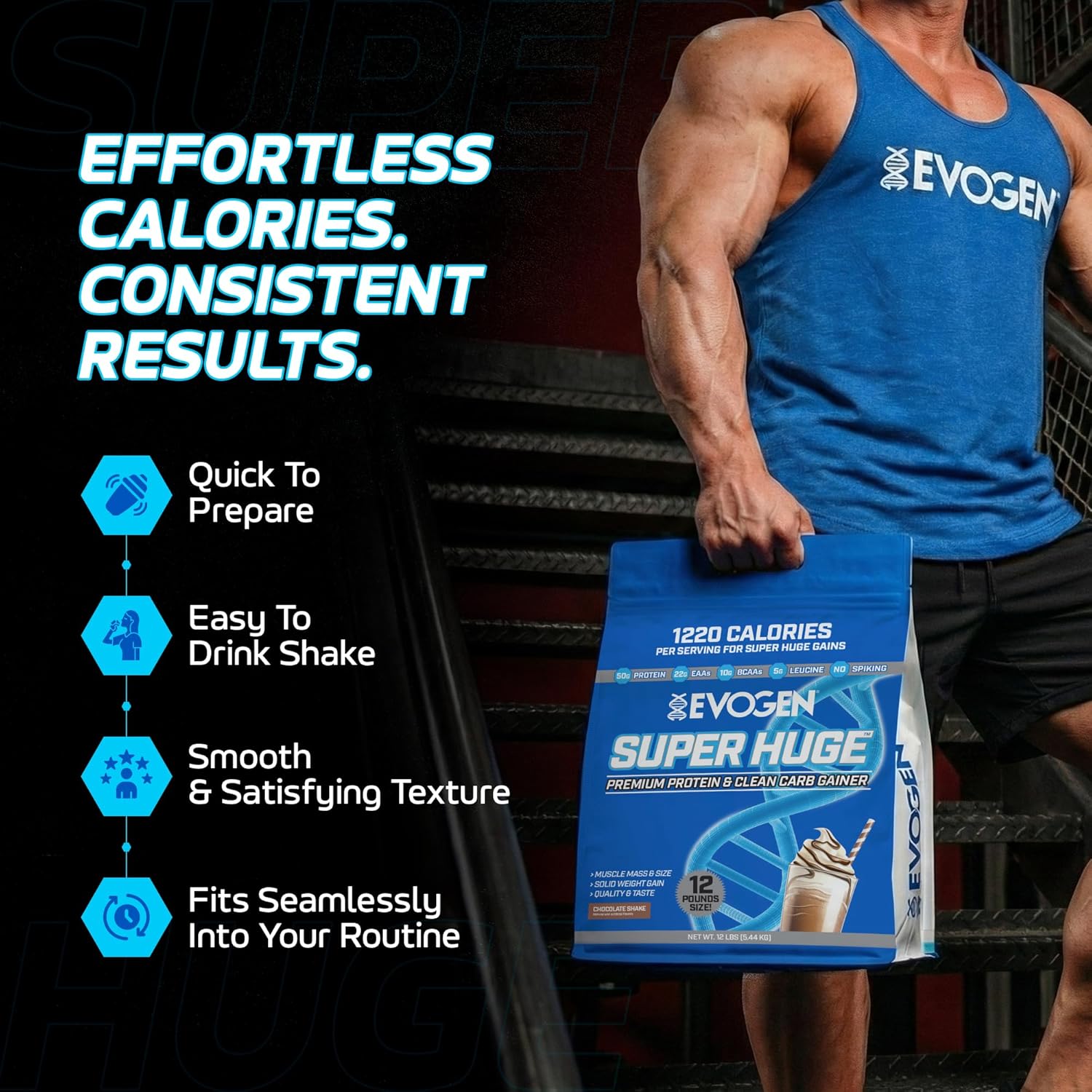 Evogen Super Huge Mass Gainer Protein High Calorie Weight Gainer Carbs & Nutrients Strength 5,4 Kg - Görsel 3