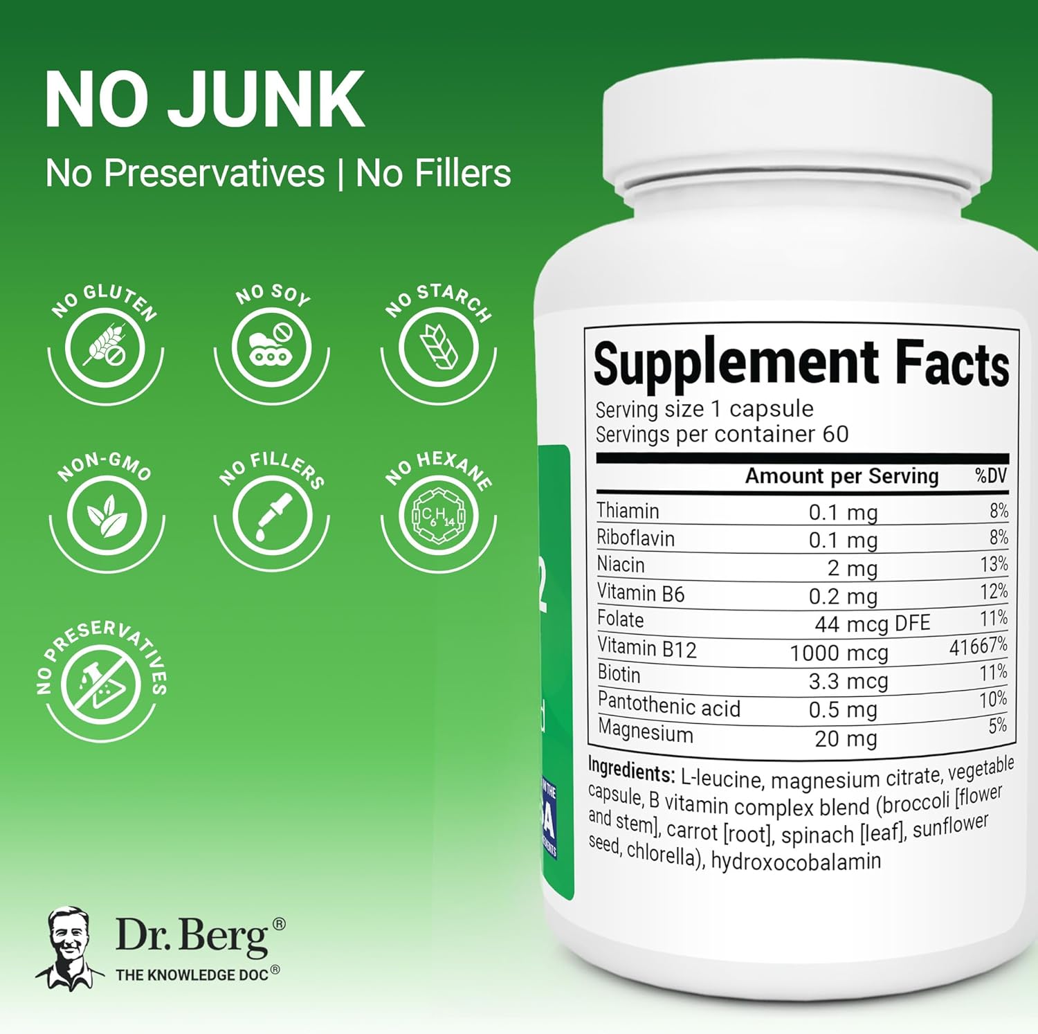 Dr. Berg Natural Vitamin B12 FOLATE 1000 mcg Hydroxocobalamin Energy Brain & Nervous System 60 Caps - Görsel 4