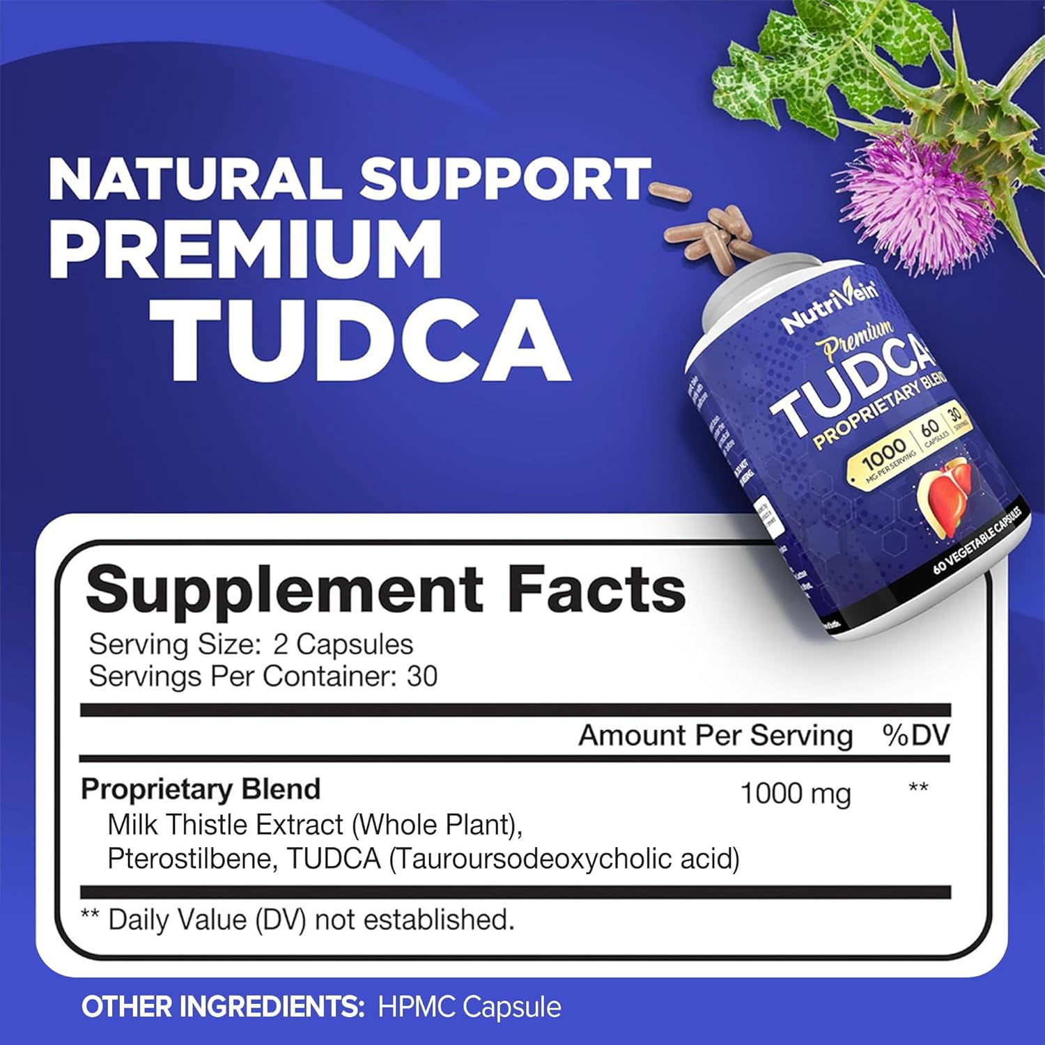 Nutrivein TUDCA+Milk Thistle Liver Wellness Support Supplement 1000 MG - 60 Caps - Görsel 3