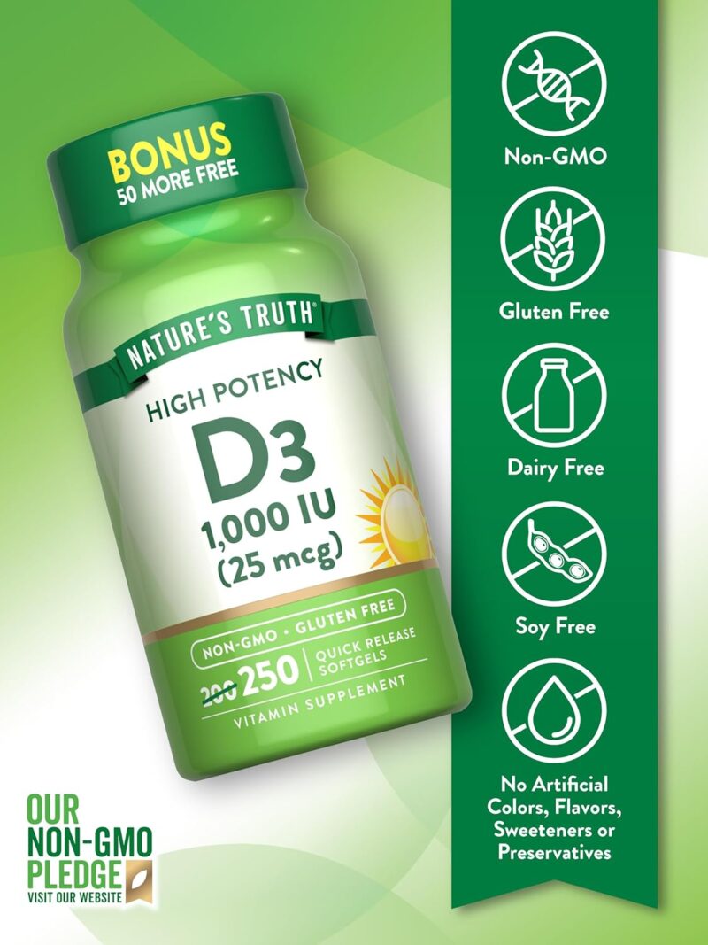 Nature's Truth, High Potency Vitamin D3, 25 mcg (1000 IU), 250 Quick Softgels - Görsel 3