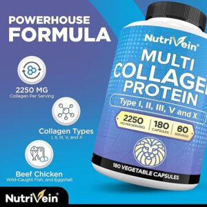 Nutrivein Premium Multi Collagen 2250 mg - 180 Women and Men -Aging,Joints,Hair,Skin,Bones,Nails - Görsel 2