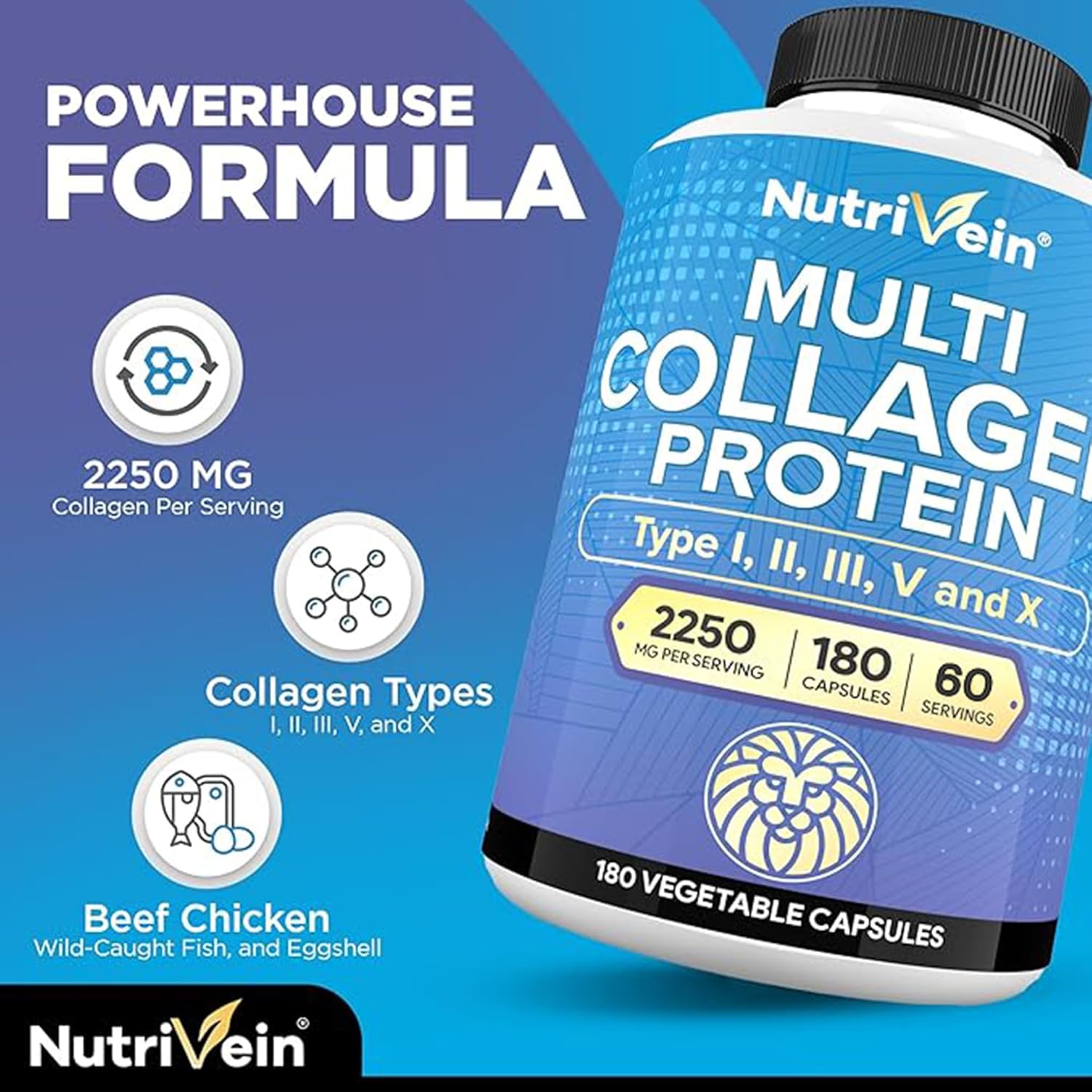 Nutrivein Premium Multi Collagen 2250 mg – 180 Women and Men -Aging,Joints,Hair,Skin,Bones,Nails