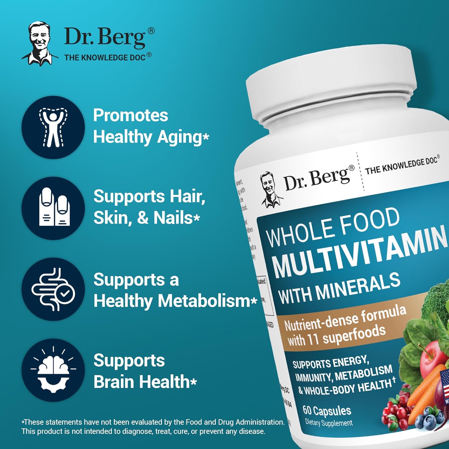 Dr. Berg Whole Food Multivitamin with Minerals Trace Mineral Benfotiamine Folate Alpha lipoic Acid 60 Caps - Görsel 3
