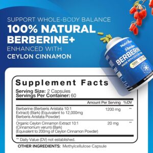 Nutrivein Premium Berberine HCL 1200 mg Ceylon Cinnamon Defenses, Digestion, & Metabolism – 120 Caps