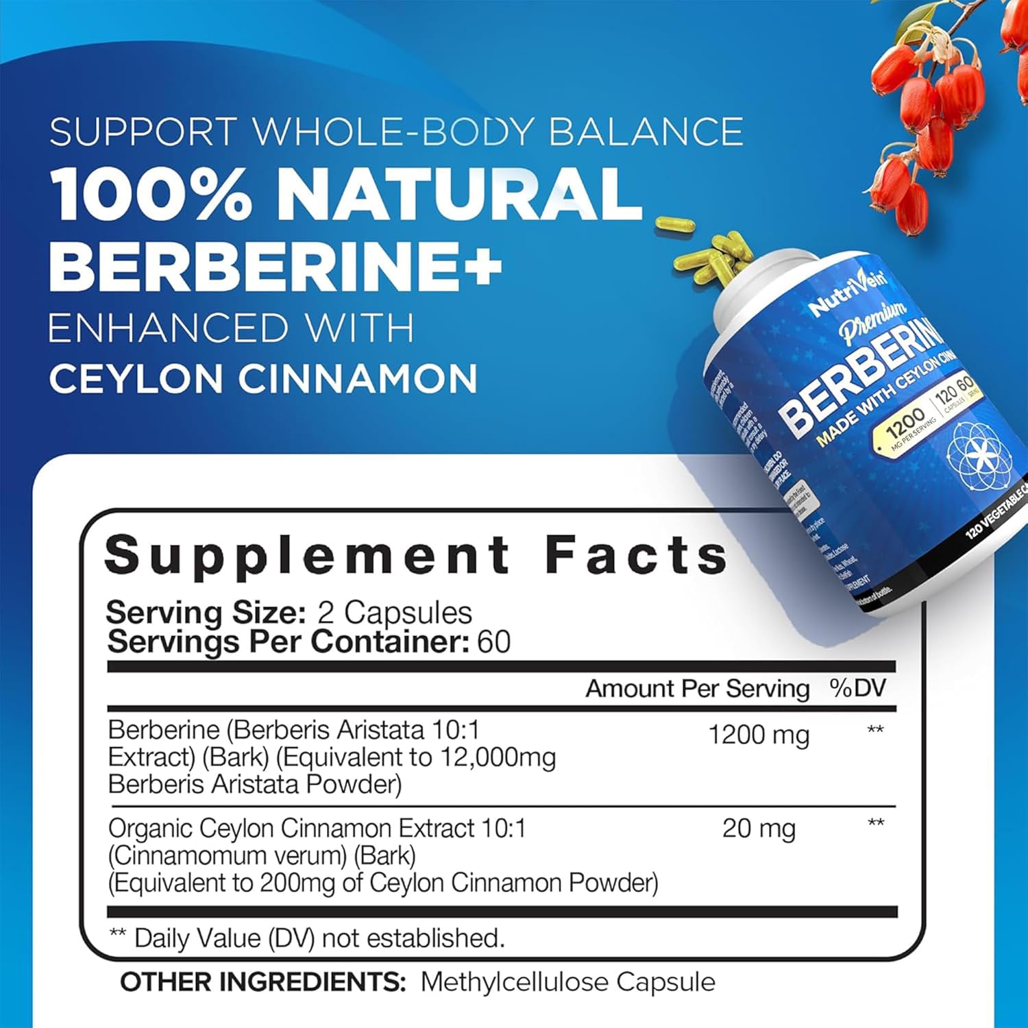 Nutrivein Premium Berberine HCL 1200 mg Ceylon Cinnamon Defenses, Digestion, & Metabolism - 120 Caps - Görsel 2