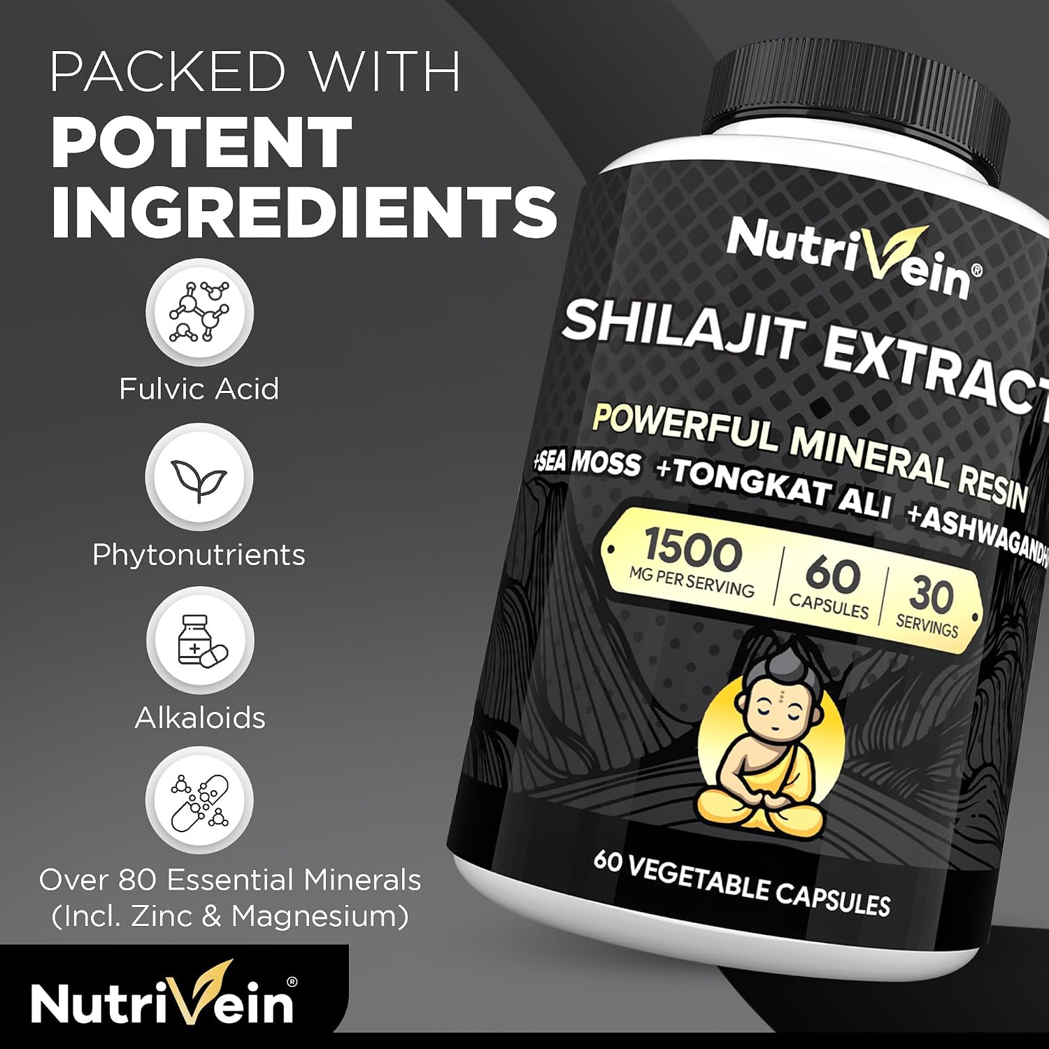 Nutrivein Premium Himalayan Shilajit with Irish Sea Moss Tongkat Ali Ashwagandha 1500 mg – 60 Caps