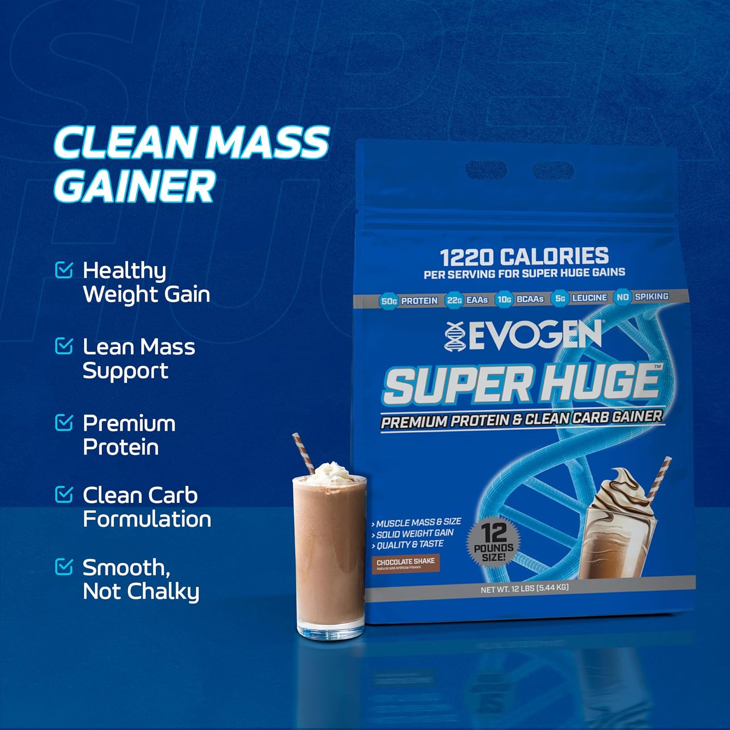 Evogen Super Huge Mass Gainer Protein High Calorie Weight Gainer  Carbs & Nutrients Strength 5,4 Kg