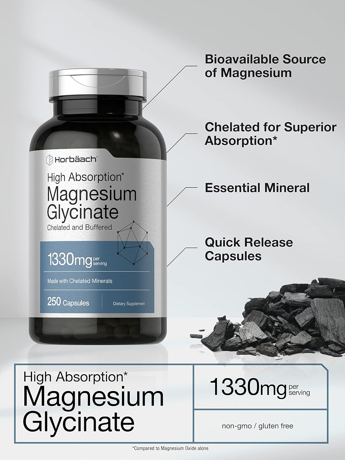Horbaach High Magnesium Magnezyum Glycinate Glisinat with Chelated Minerals 1330mg 250 Caps - Görsel 2