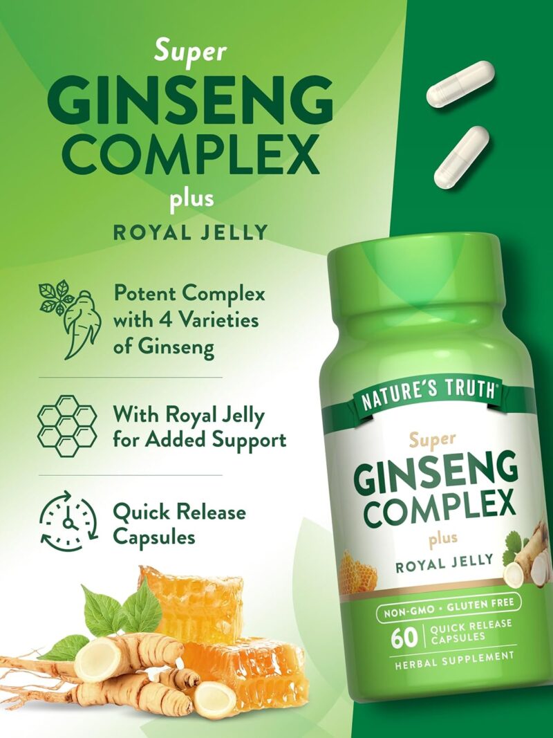 Nature's Truth Super Ginseng Complex (Korean Ginseng+American Ginseng) with Royal Jelly 60 Caps - Görsel 4