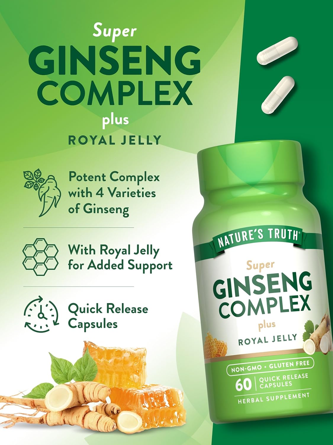 Nature's Truth Super Ginseng Complex (Korean Ginseng+American Ginseng) with Royal Jelly 60 Caps - Görsel 4