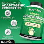 Nutrivein Organic Ashwagandha Capsules 1600mg with Black Pepper Extract - 120 Vegan Pills - 100% Pure Root Powder Supplement - Supports Stress Relief, Immune, Energy, Stamina & Mood - Görsel 2