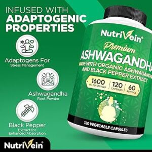 Nutrivein Organic Ashwagandha Capsules 1600mg with Black Pepper Extract – 120 Vegan Pills – 100% Pure Root Powder Supplement – Supports Stress Relief, Immune, Energy, Stamina & Mood