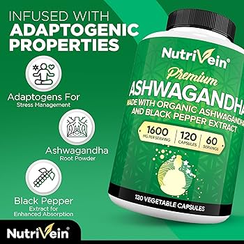 Nutrivein Organic Ashwagandha Capsules 1600mg with Black Pepper Extract - 120 Vegan Pills - 100% Pure Root Powder Supplement - Supports Stress Relief, Immune, Energy, Stamina & Mood - Görsel 2