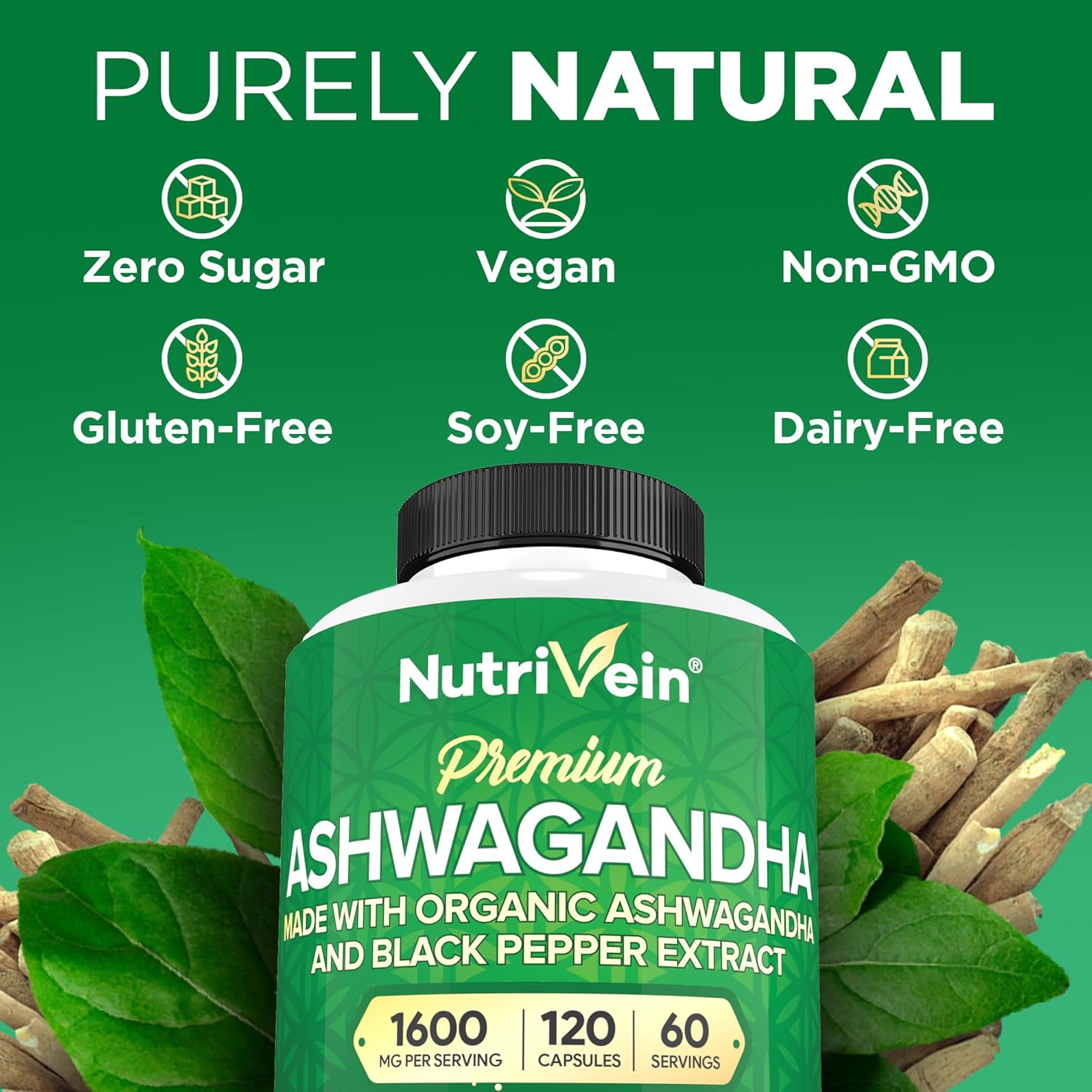 Nutrivein Organic Ashwagandha Capsules 1600mg with Black Pepper Extract - 120 Vegan Pills - 100% Pure Root Powder Supplement - Supports Stress Relief, Immune, Energy, Stamina & Mood - Görsel 3