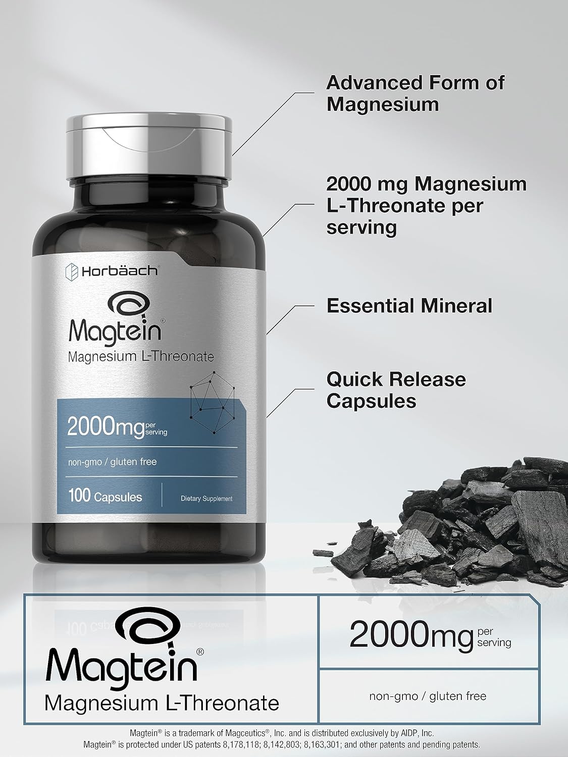 Horbaach Magtein Magnesium Magnezyum L-Threonate Treonat 2000mg 100 Caps Men Women Gluten Free - Görsel 2
