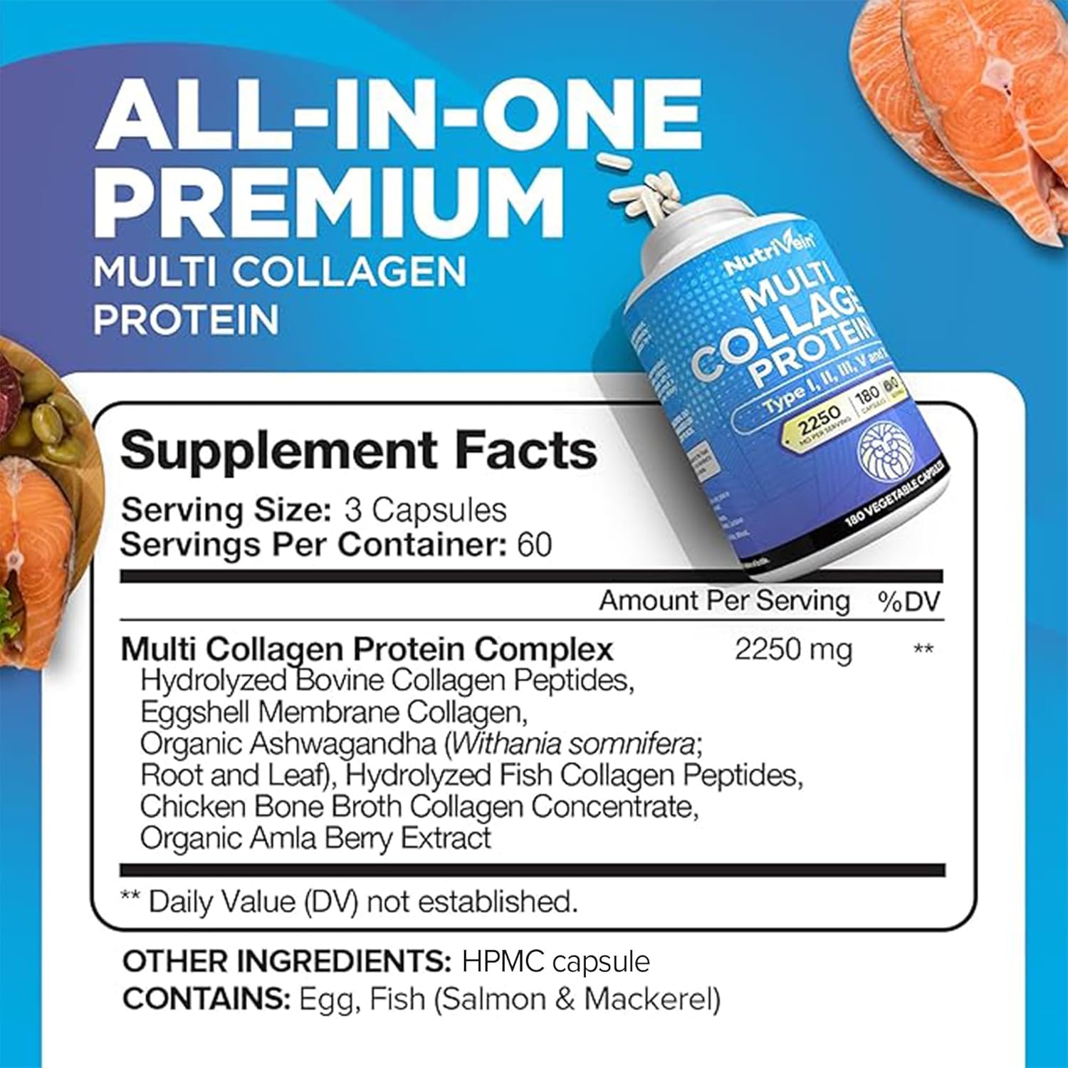 Nutrivein Premium Multi Collagen 2250 mg - 180 Women and Men -Aging,Joints,Hair,Skin,Bones,Nails - Görsel 3