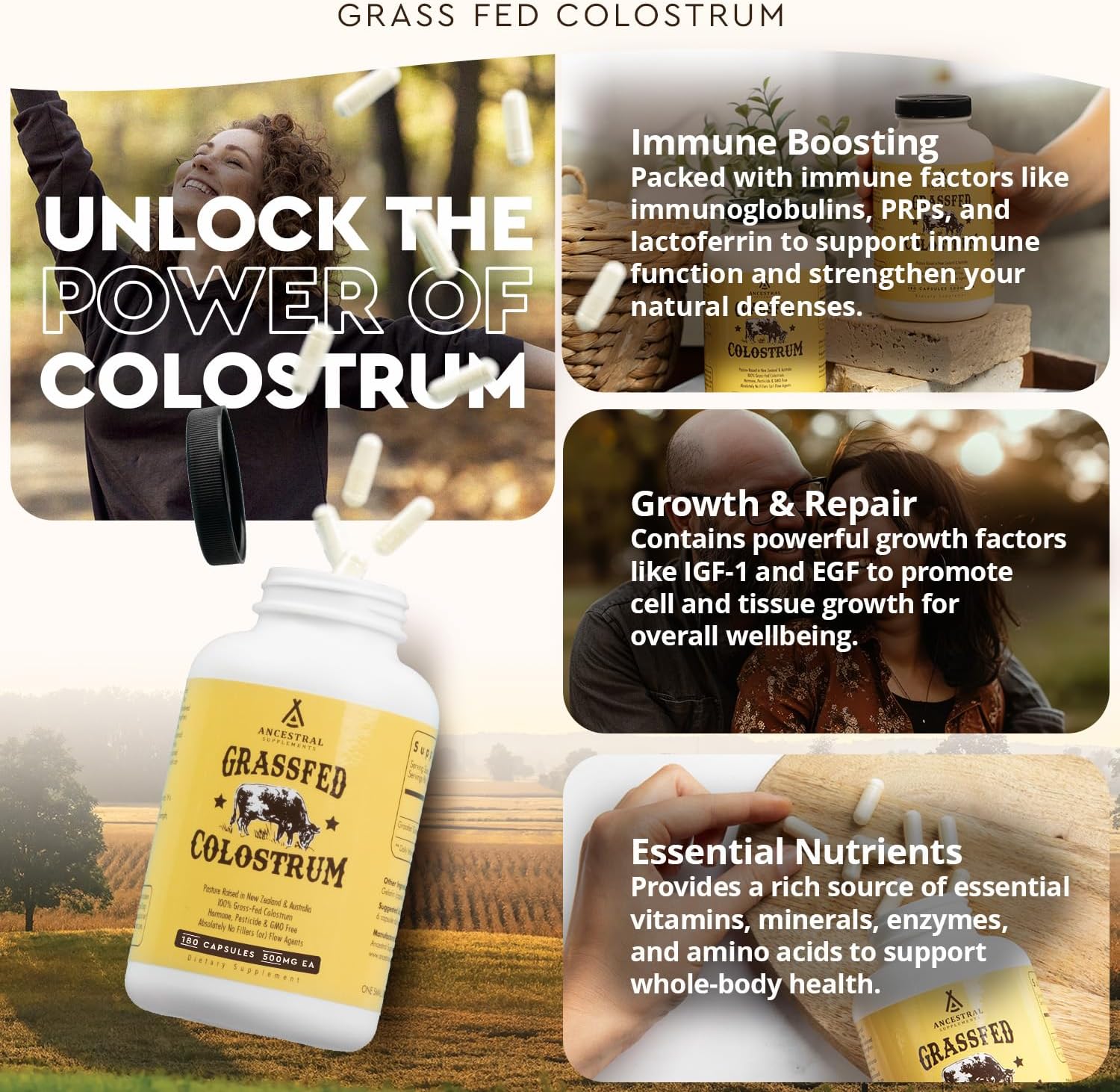 Ancestral Supplements Grass Fed Beef Colostrum Supplement, 3000 mg, 180 Caps - Görsel 2